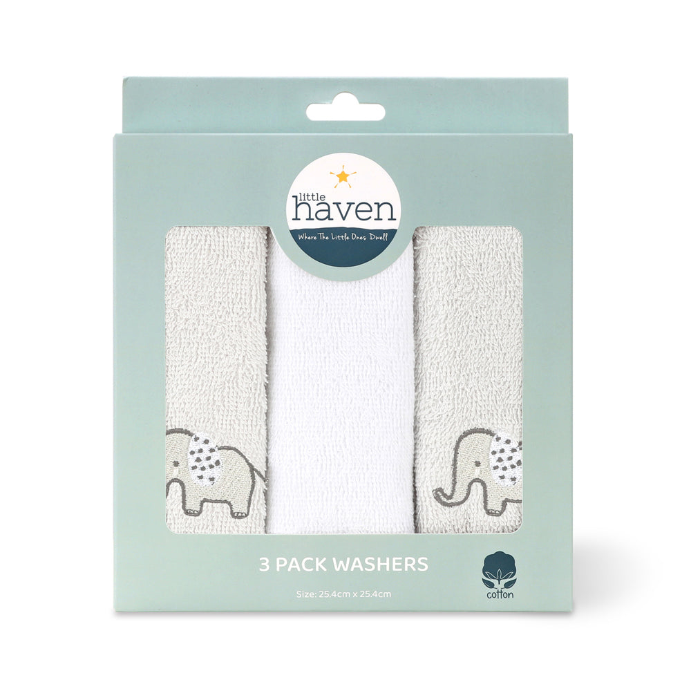3x 3pc Little Haven Cotton Hooded Washers Elephant 25.5cm