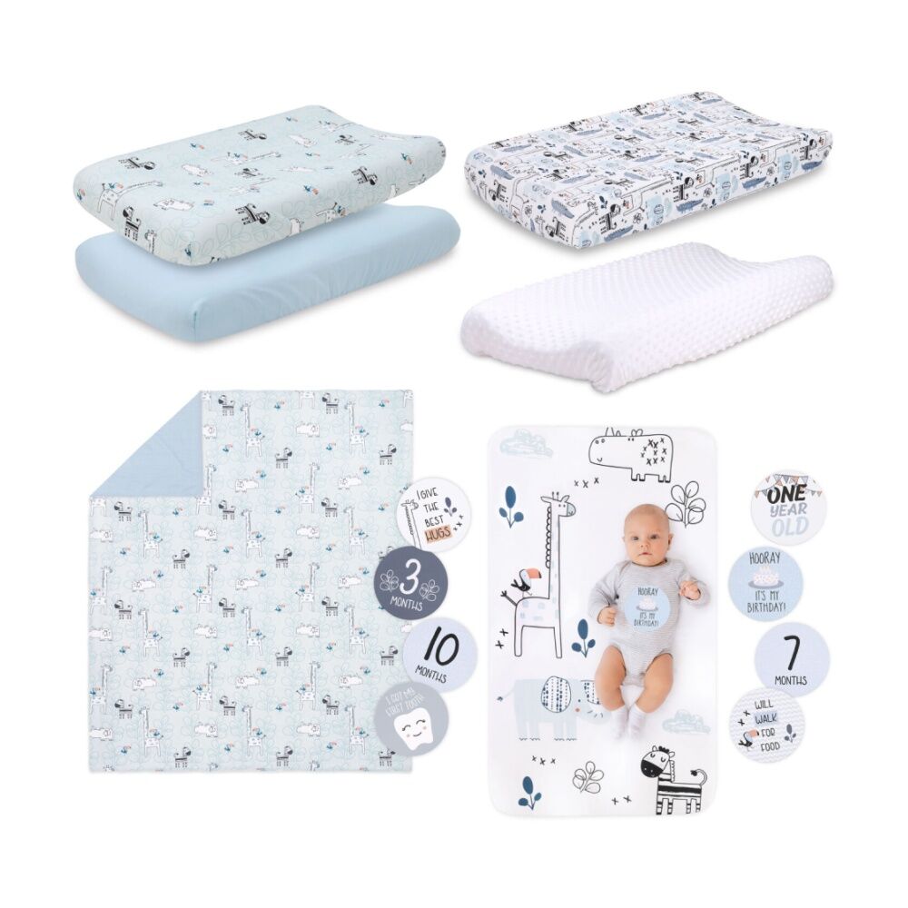 7pc Little Haven Safari Boy Themed Baby Cot Bedding Bundle Blue