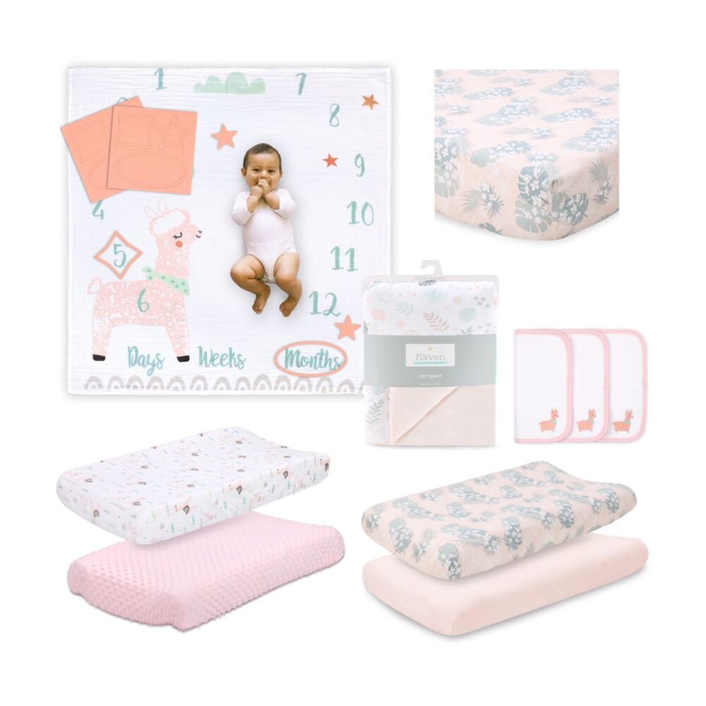 8pc Little Haven Llama Botanical Girl Themed Baby Cot Bedding Bundle Pink