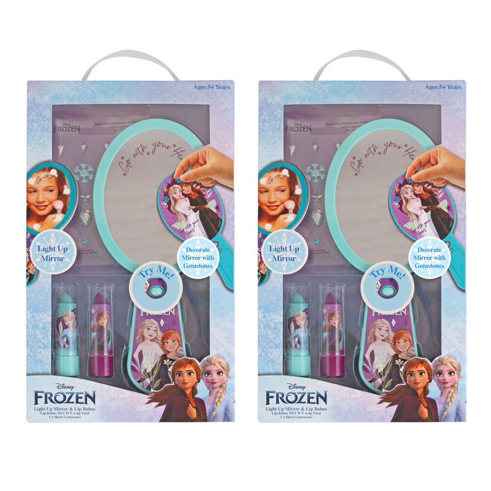 2PK Frozen Light Up Mirror w/ 2x Lip Balm & Sheet Gemstones Kids Vanity 5y+