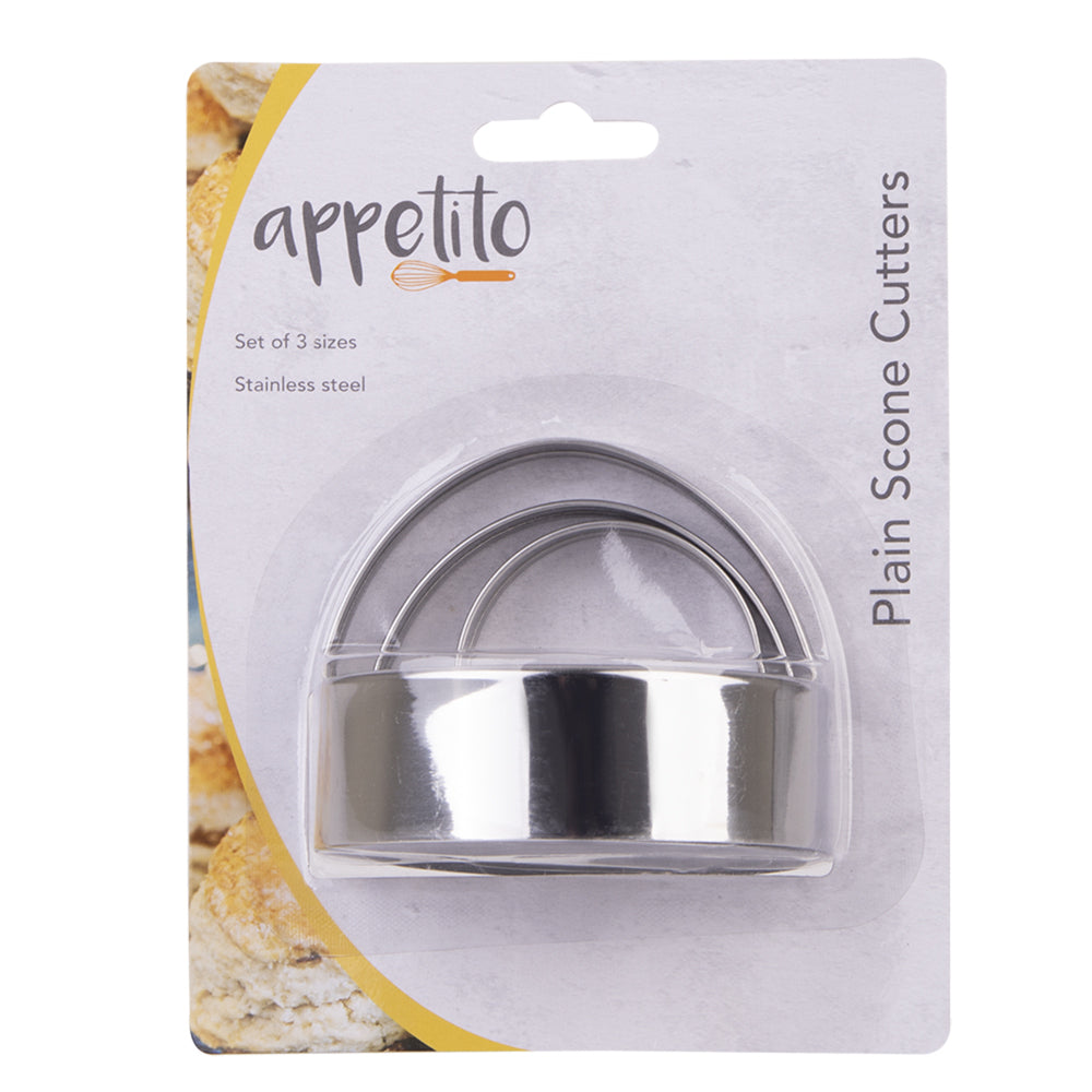 4x 3pc Appetito Stainless Steel Plain Scone Cutters w/Handle