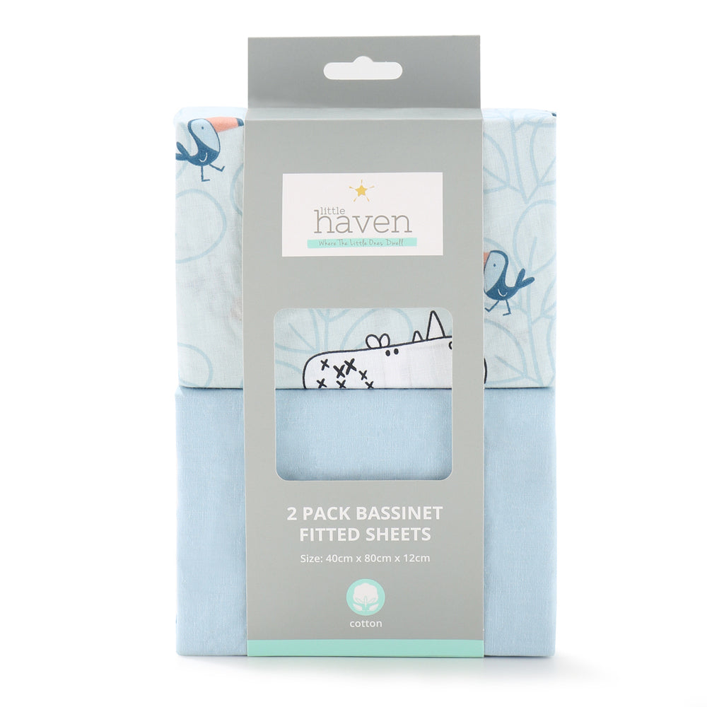 2x 2pc Little Haven Baby/Infant Cotton Bassinet Fitted Sheets Safari 80cm Blue