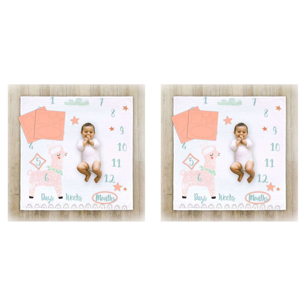 2PK Little Haven Baby/Infant Cotton Muslin Milestone Blanket Wrap Llama 101cm