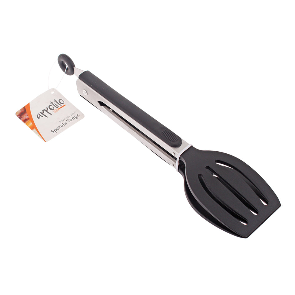 6PK Appetito Stainless Steel Spatula Tongs w/Lock & Rubber Grip 23cm Black