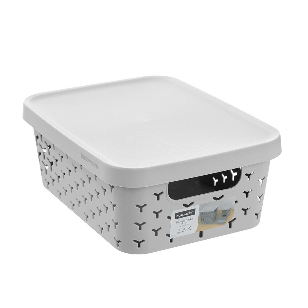 8PK Boxsweden Star Basket Lidded Versatile Rectangular 10L 36x27x13.5cm Grey