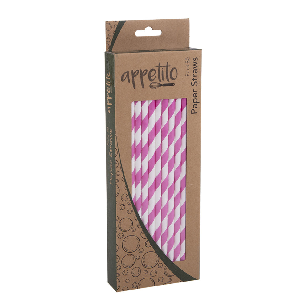 12x 50pc Appetito Disposable Paper Straws Home Kitchen - Pink Stripes