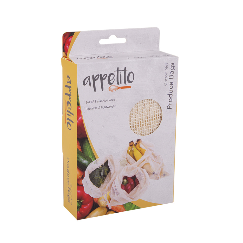 3x 3pc Appetito Cotton Net Produce Bags Home Kitchen Organiser Asst. Sizes