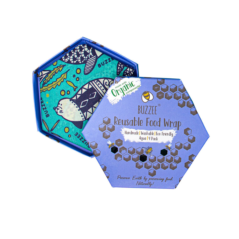 4pc Buzzee Organic Reusable Beeswax Wraps Washable Food Covers Aqua Blue