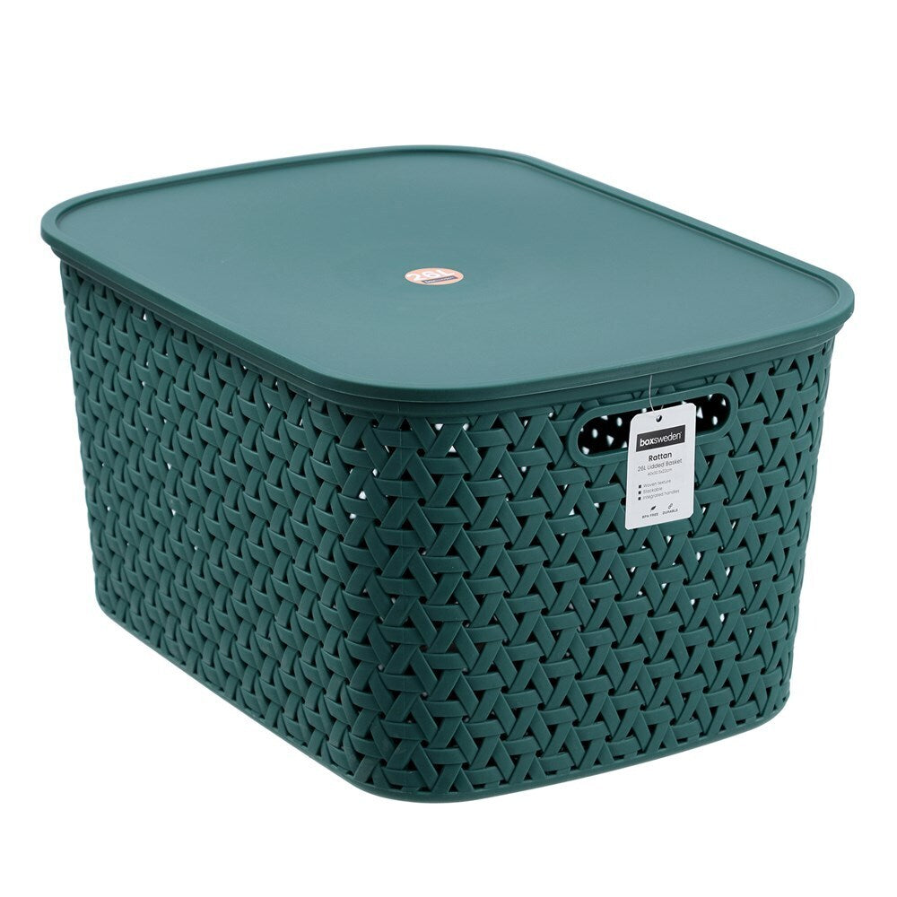 12PK Boxsweden Woven Rattan 26L/40cm Lidded Basket Storage - Assorted