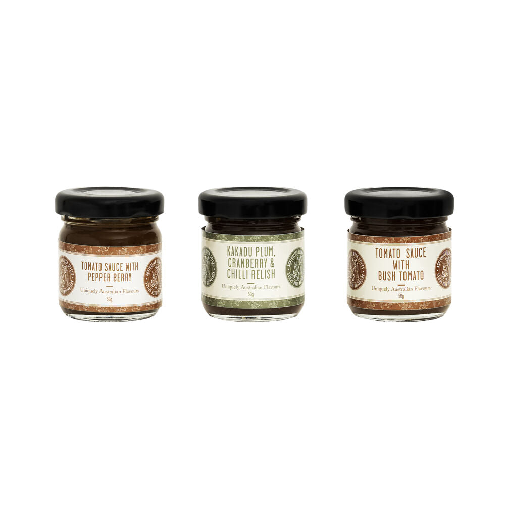 6pc Australian Bush Spices Mini Tomato Sauces and KP Relish 50g