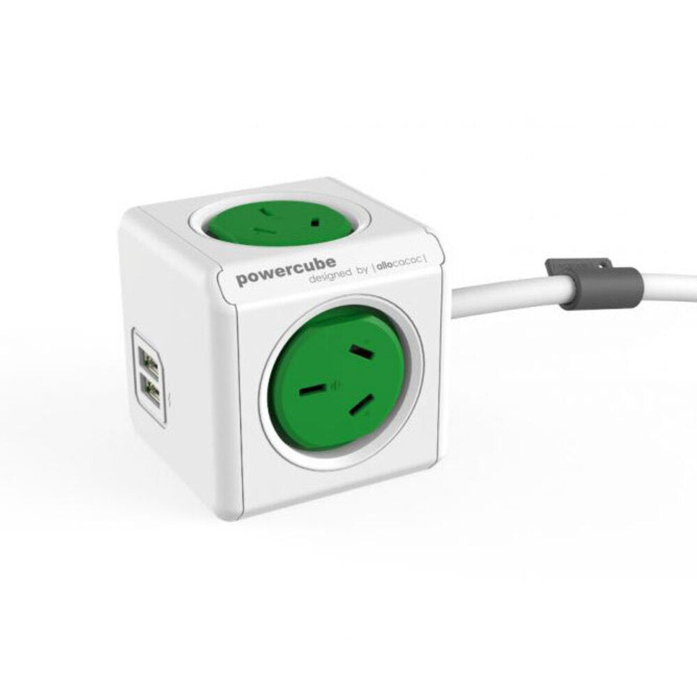 2PK Powercube 4 Socket Mountable Power Board 3m w/Dual USB - Green