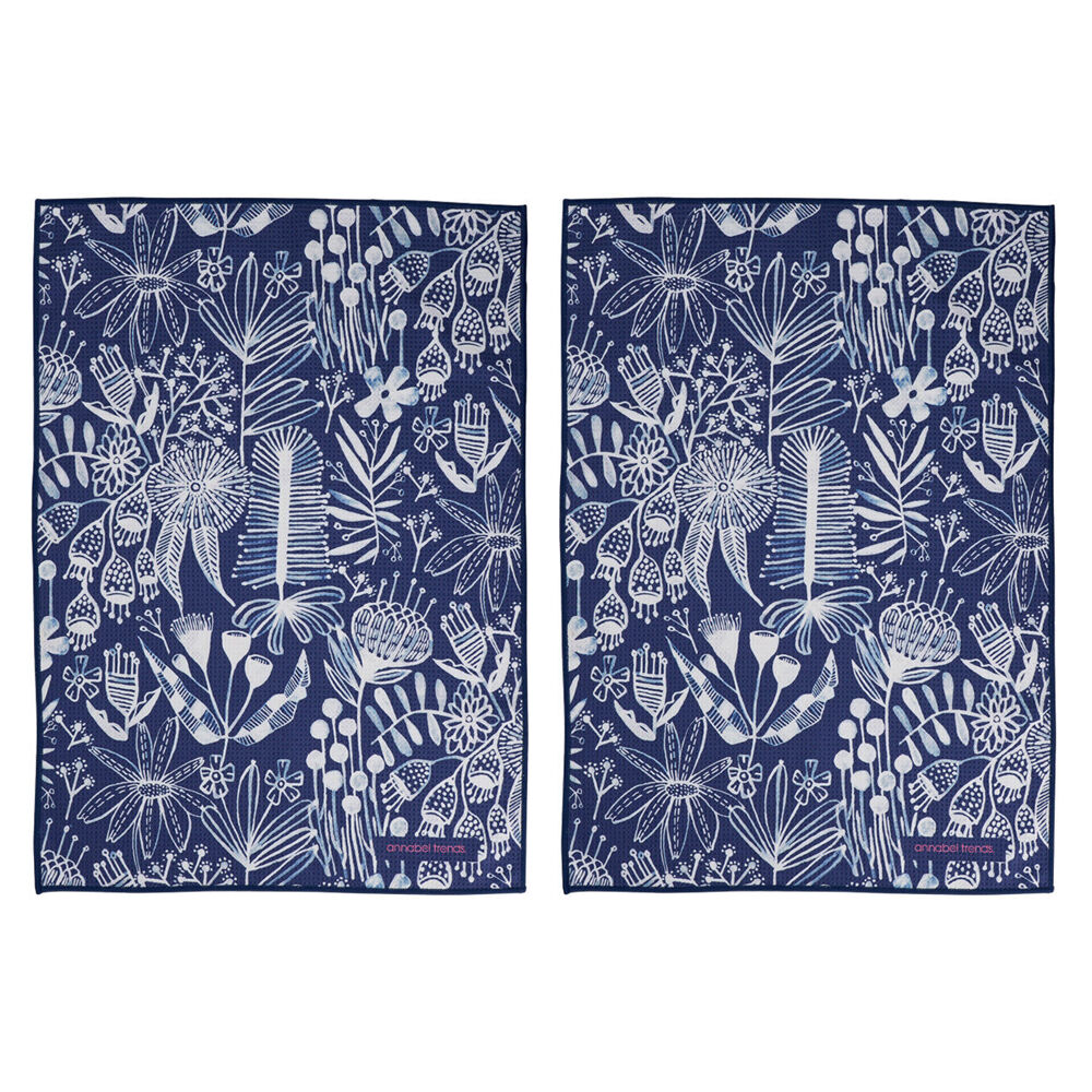 2PK Annabel Trends Waffle Microfibre Tea Towel Rectangular 50x70cm Navy Natives