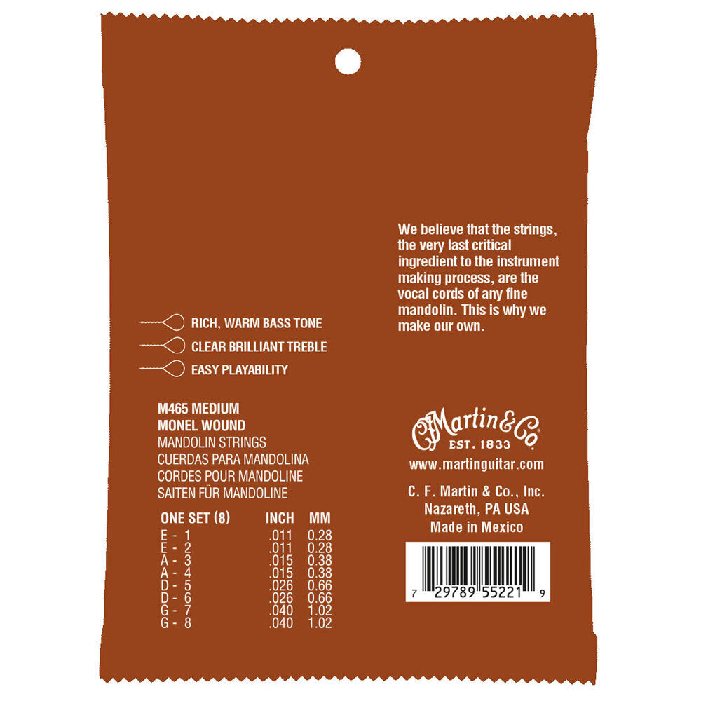 3PK Martin Guitar M465 Retro Mandorin Monel Strings 80/20 Bronze Medium