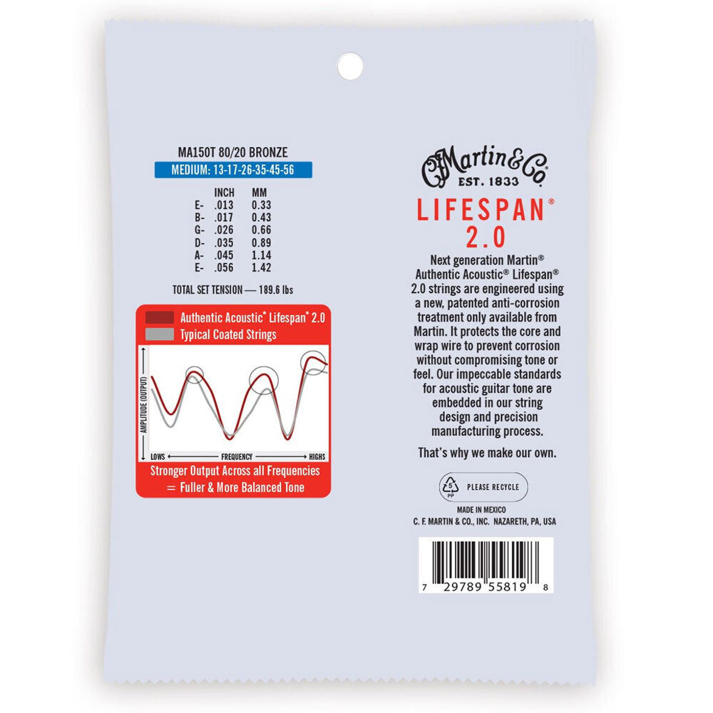 3PK Martin Guitar MA150T Authentic Acoustic String Treated 80/20 Bronze Medium