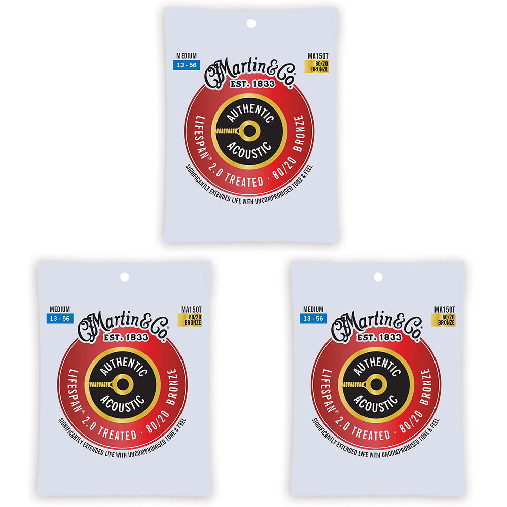 3PK Martin Guitar MA150T Authentic Acoustic String Treated 80/20 Bronze Medium