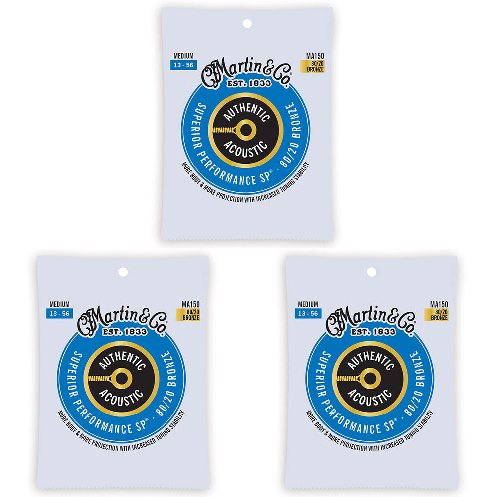 3PK Martin Guitar MA150 Authentic Acoustic Strings 80/20 Bronze Medium