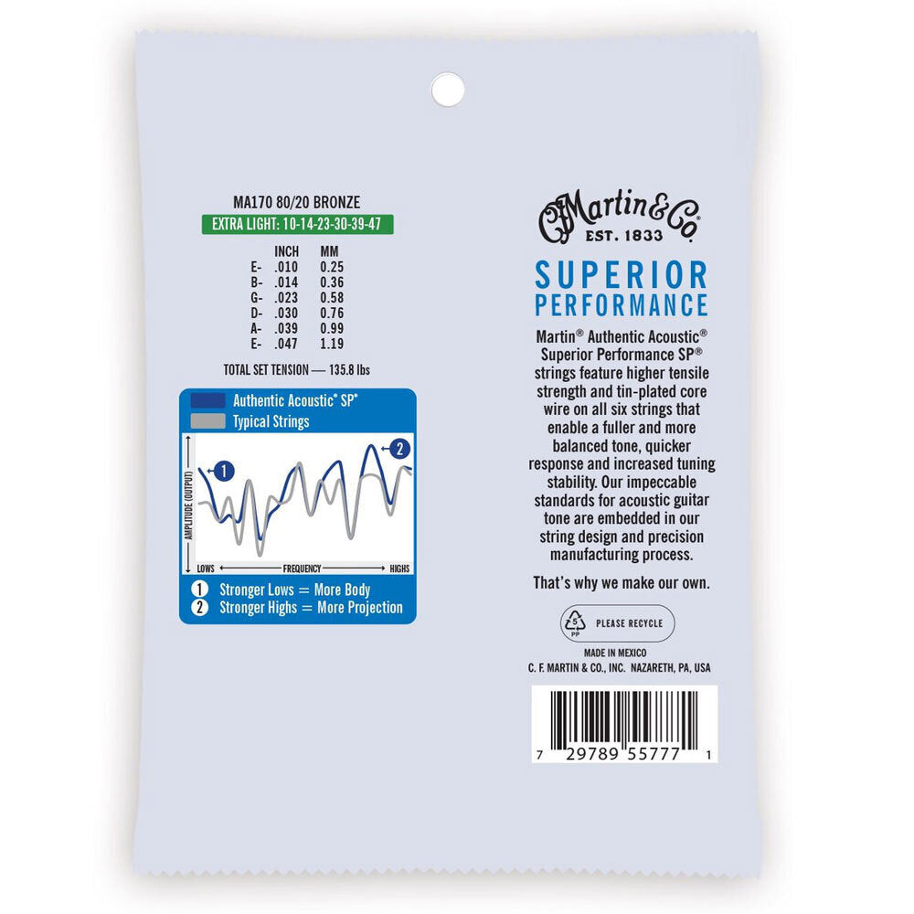 3PK Martin Guitar MA170 Authentic Acoustic Strings 80/20 Bronze Extra Light