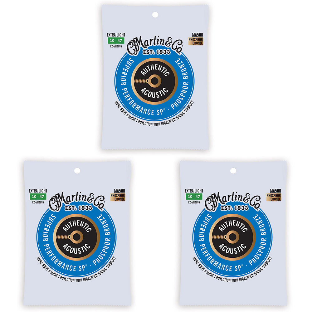 3PK Martin Guitar MA500 Authentic 12 Strings 92/8 Phosphor Bronze Extra Light