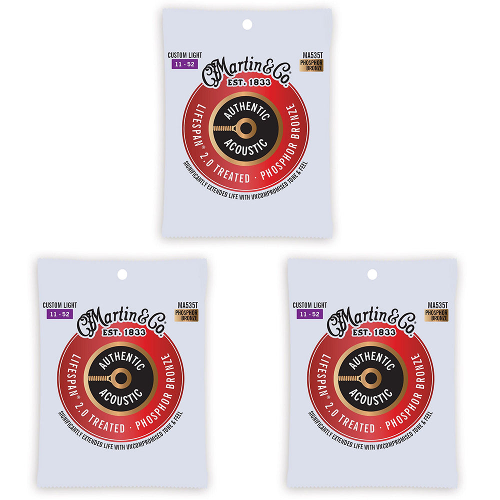 3PK Martin Guitar MA535T Authentic Treated Strings 92/8 Phosphor Custom Light