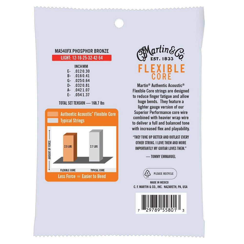 3PK Martin Guitar MA540FX Authentic Strings Flexible Core 92/8 Phosphor Light