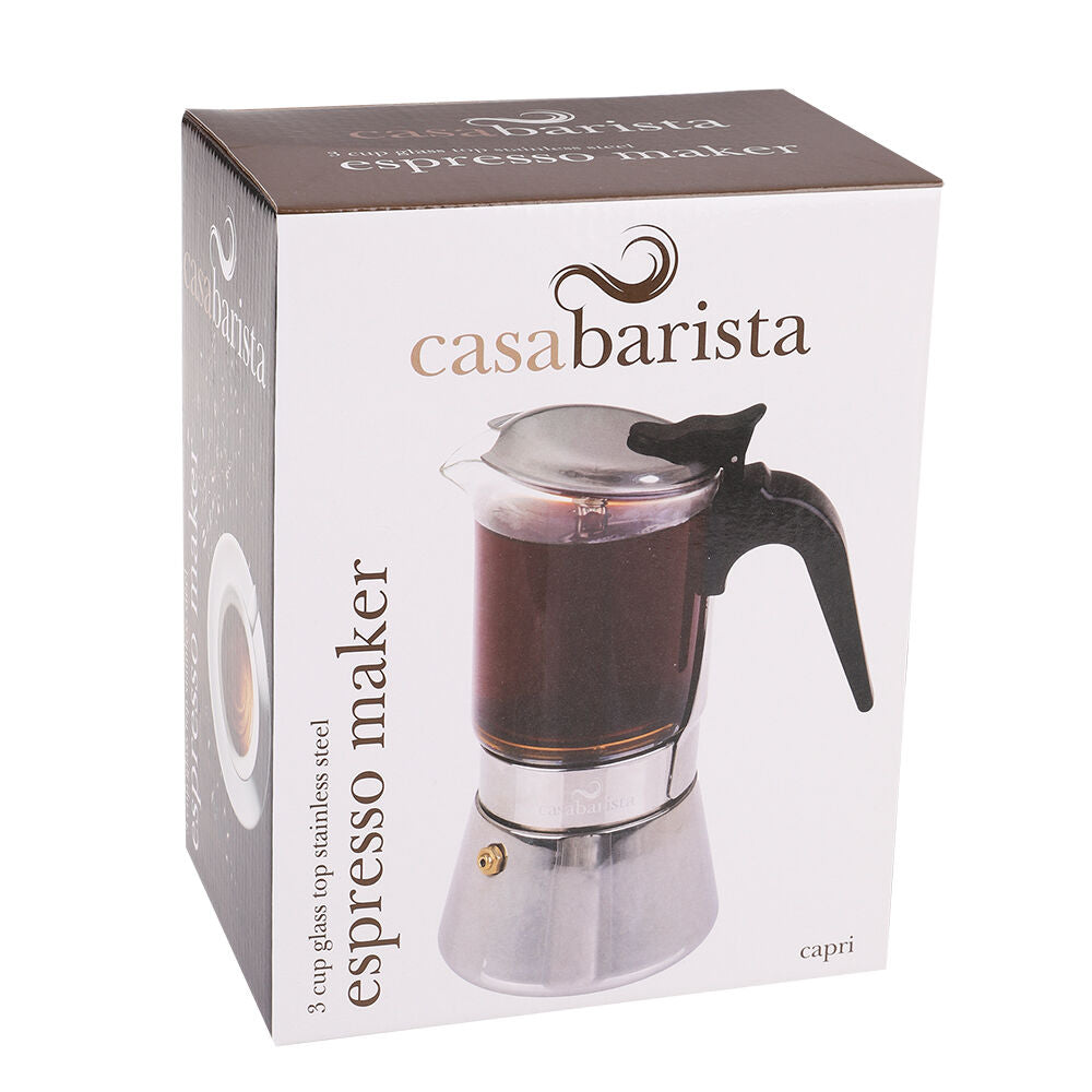 Casabarista Capri Glass Top Stainless Steel 3 Cups Espresso Coffee Maker Silver