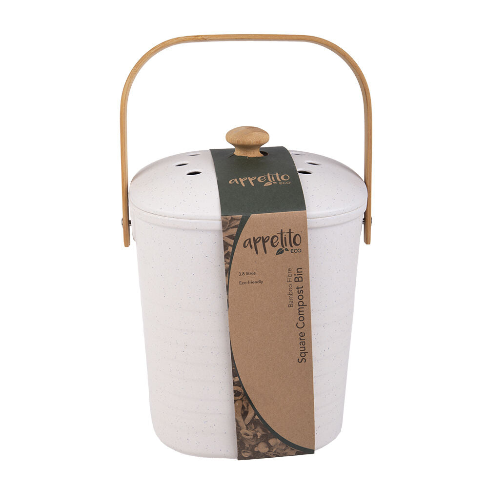 Appetito Square Bamboo Fibre Compost Bin w/ Charcoal Filter 3.8L White