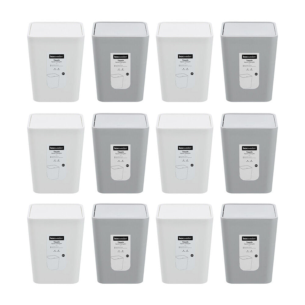 12PK Boxsweden Touch Swing Bin Square for Home/Office 2.7L Assorted