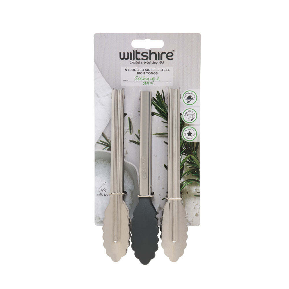 2 x 3pc Wiltshire Mini Stainless Steel Kitchen Cooking Tongs 18cm