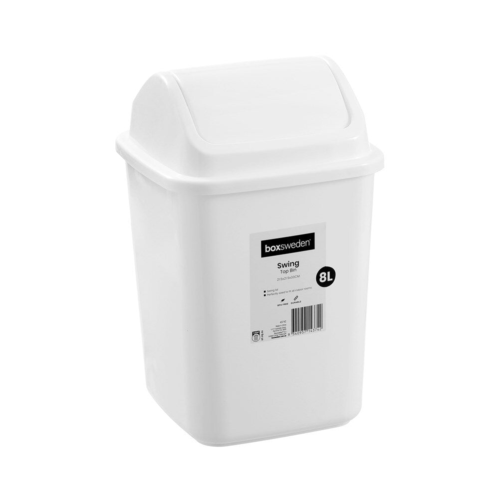 4PK Boxsweden 8L/33cm Swing Top Bin Trash Container - White