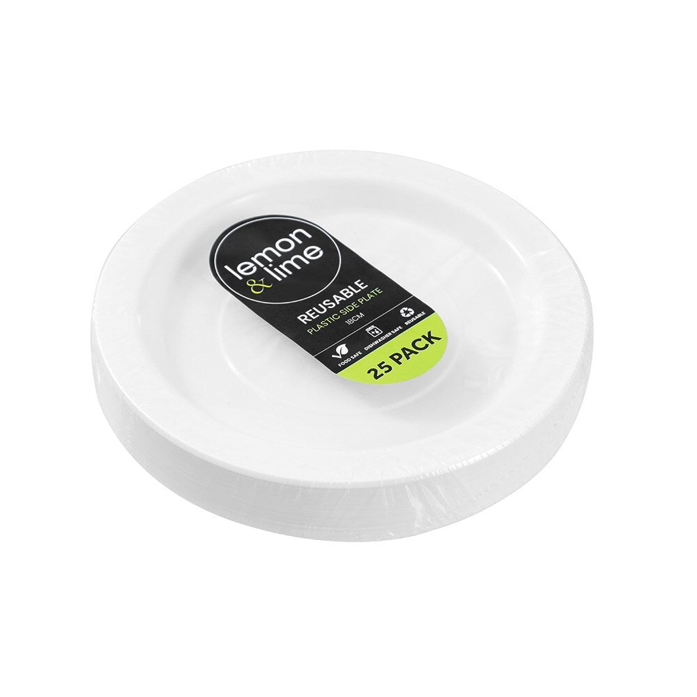 400pc Lemon & Lime Reusable Plastic Side Plate Round 18cm - White
