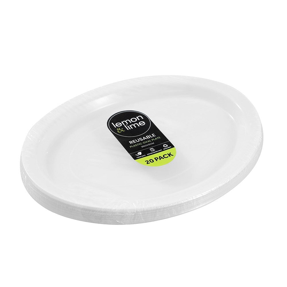160pc Lemon & Lime Reusable Plastic Oval Plate 31x24.5cm - White