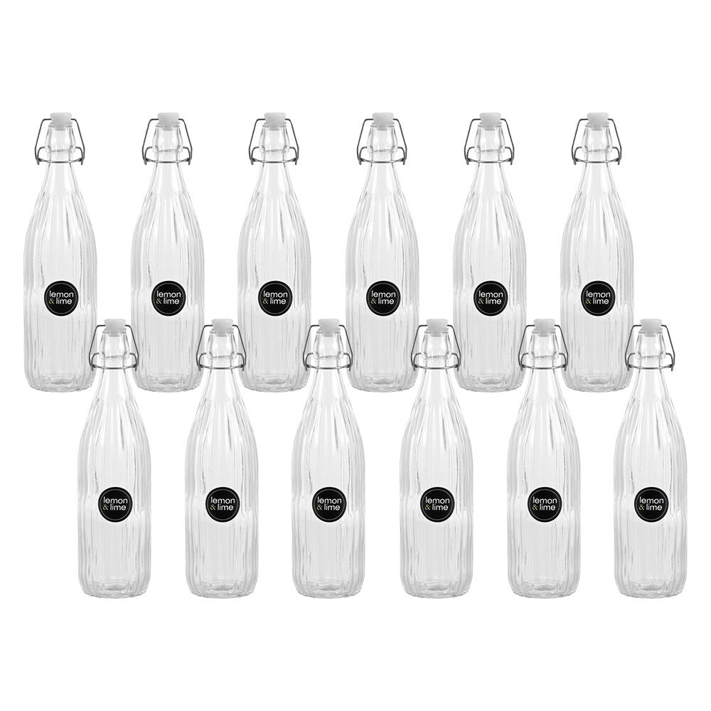 12PK Lemon & Lime Secure Glass Air-Tight Clip Lid Ribbed Bottle 1L
