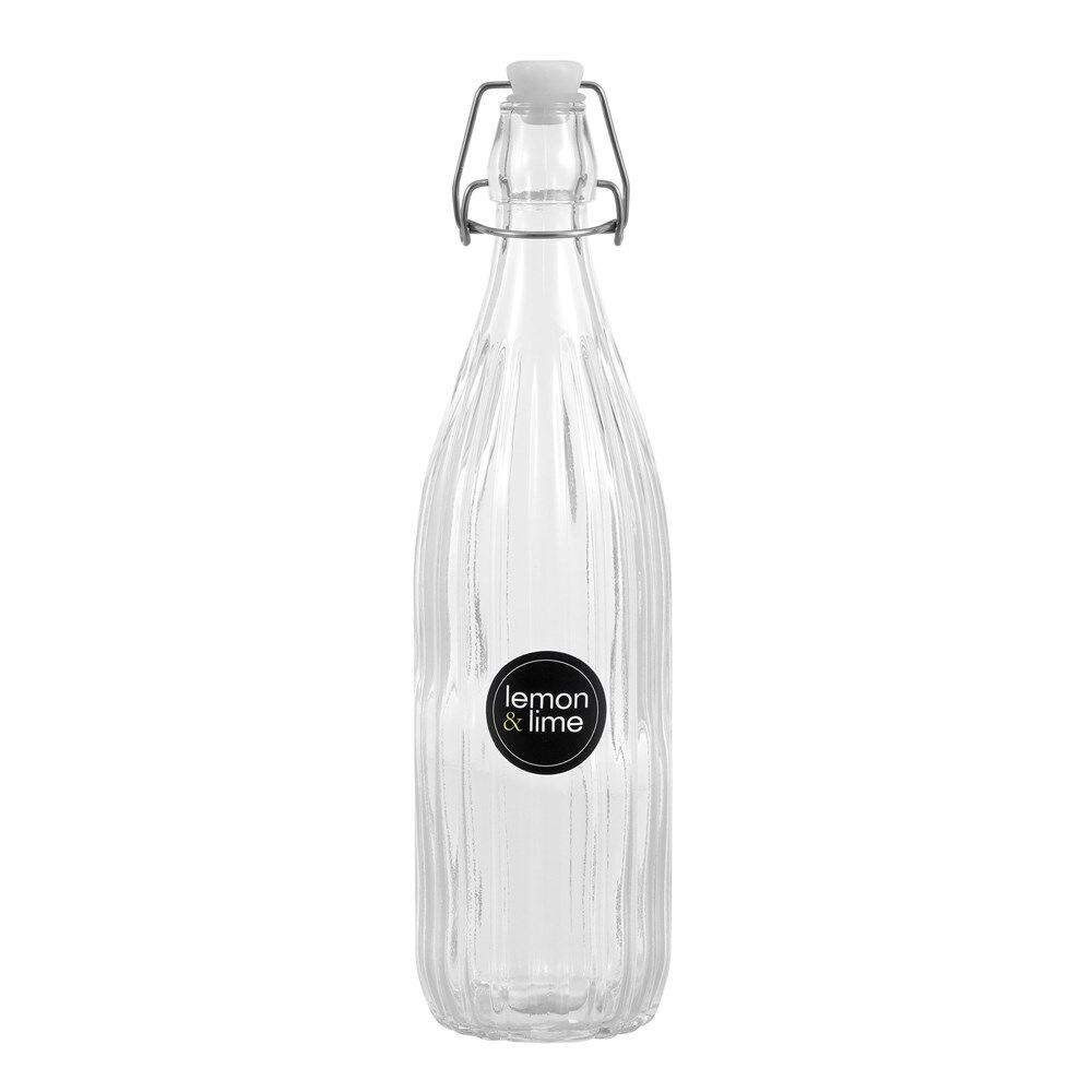 12PK Lemon & Lime Secure Glass Air-Tight Clip Lid Ribbed Bottle 1L