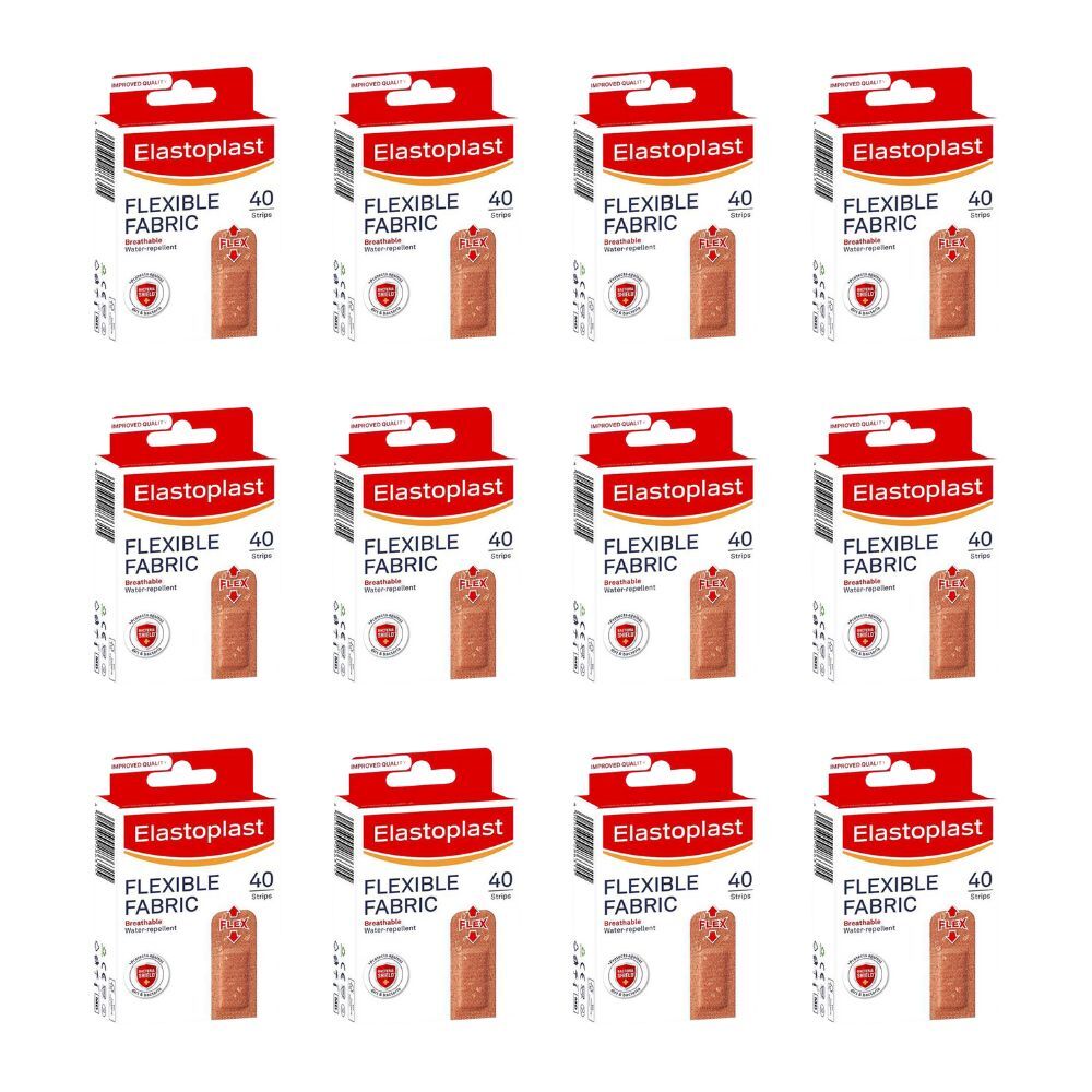 12x 40pc Elastoplast Flexible Fabric Strips Bandage Breathable Water Resistant