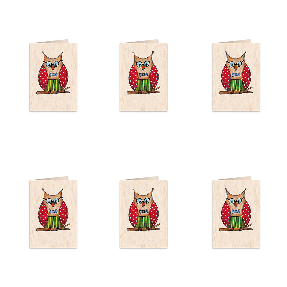 6PK Cozywood Wooden Greeting Gift Card 11x16cm - Owlet