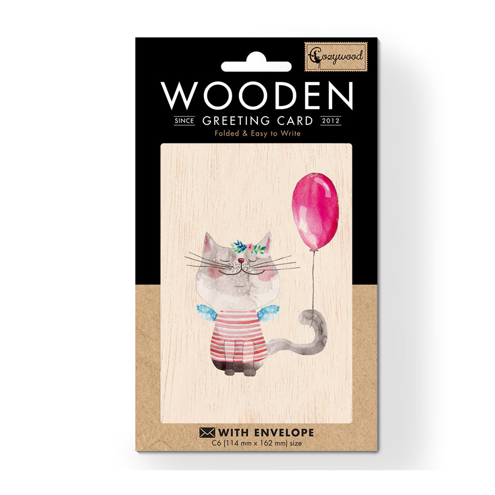6PK Cozywood Wooden Greeting Card 11x16cm - Pussycat and the Balloon