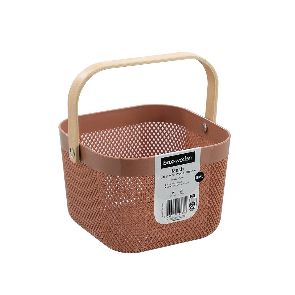 12PK Boxsweden Mesh Plastic Basket Wood Handle Small 20x20x15cm Assorted
