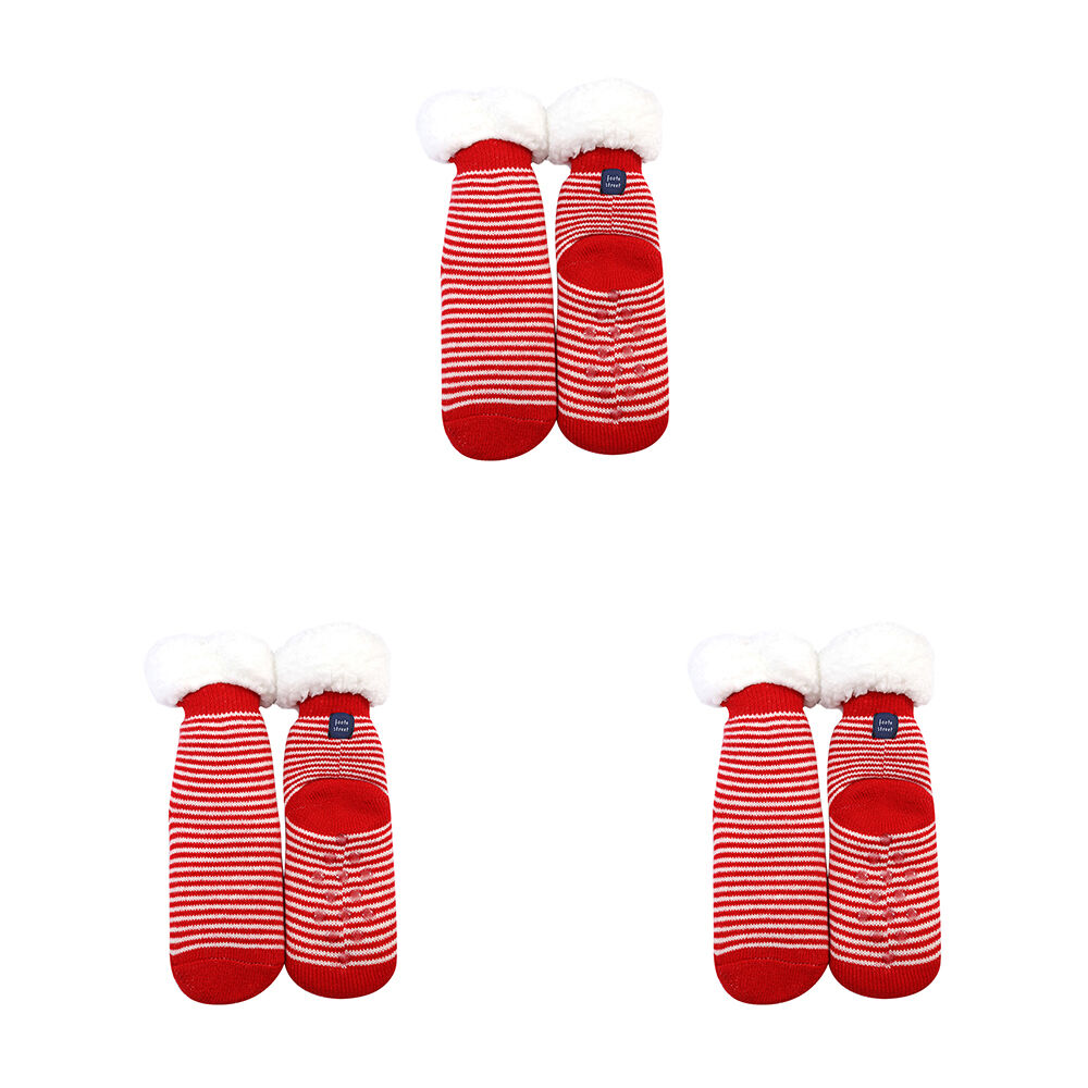 3PK Foote Street Slipper Socks Red & White Stripe For Kids Warm Knit Cozy - 3Y+