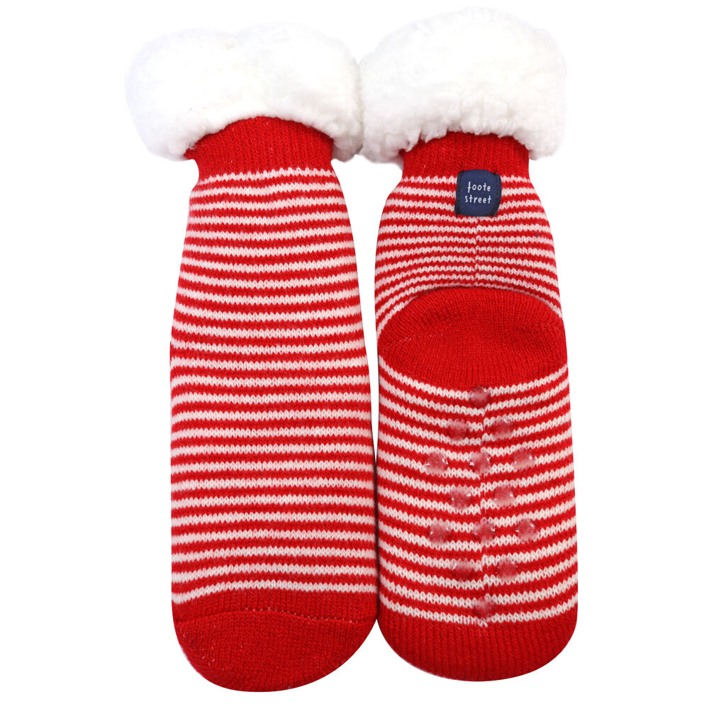 3PK Foote Street Slipper Socks Red & White Stripe For Kids Warm Knit Cozy - 3Y+