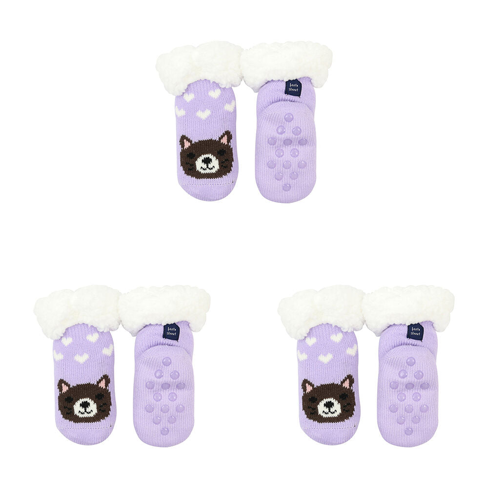 3PK Foote Street Slipper Socks For Kids - Cozy Knit - Kitten Purple - 12M-24M