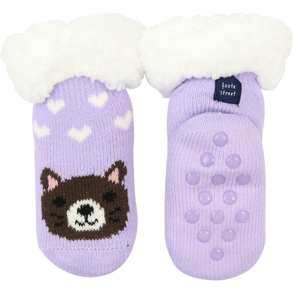 3PK Foote Street Slipper Socks For Kids - Cozy Knit - Kitten Purple - 12M-24M