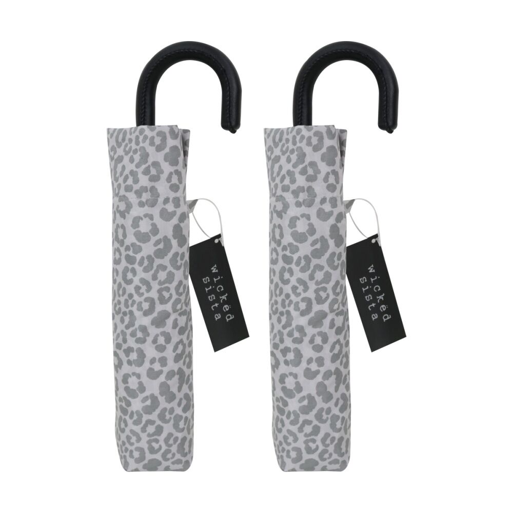 2PK Wicked Sista Compact Umbrella Manual Opening Watercolour Leopard - Grey