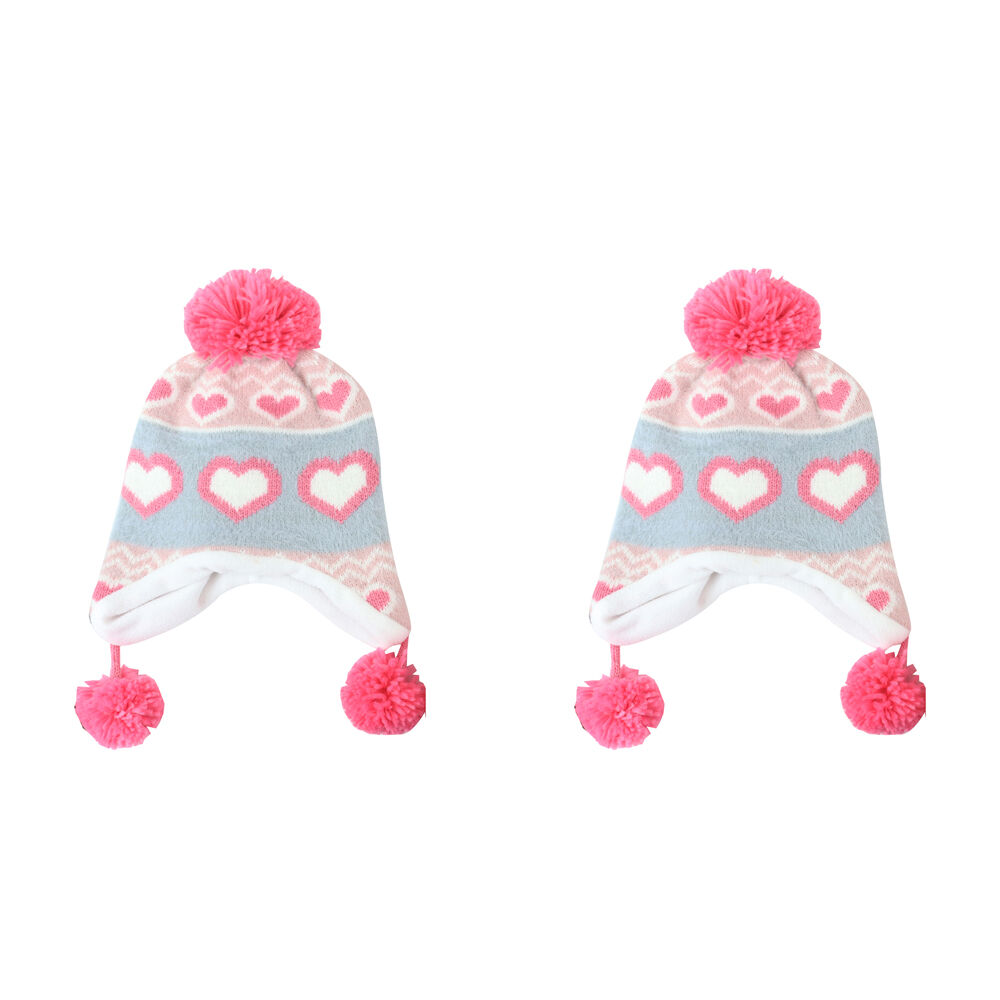 2PK Foote Street Unisex Love Heart Beanie w/ Pom Pom For Kids S/M Multi 3Y-6Y