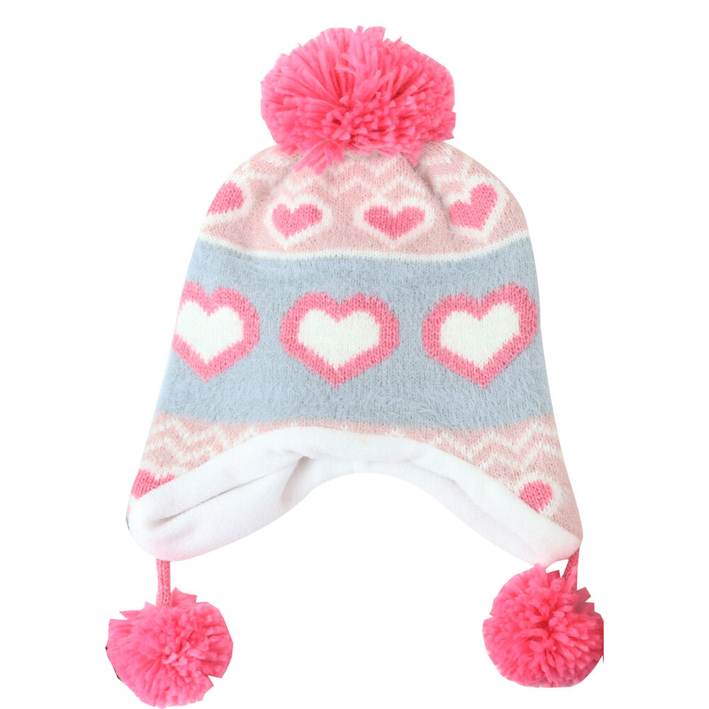 2PK Foote Street Unisex Love Heart Beanie w/ Pom Pom For Kids S/M Multi 3Y-6Y