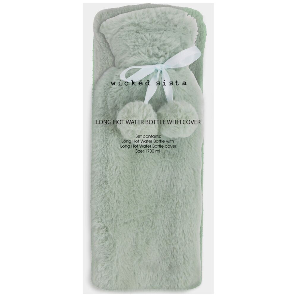 Wicked Sista Long Hot Water Bottle With Cover Faux Fur - Pale Green