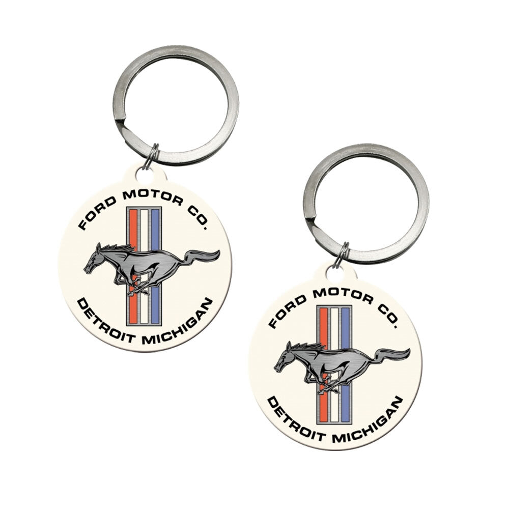 2PK Nostalgic Art Metal 7.5cm Round Keyring - Ford Mustang Horse and Stripes Logo