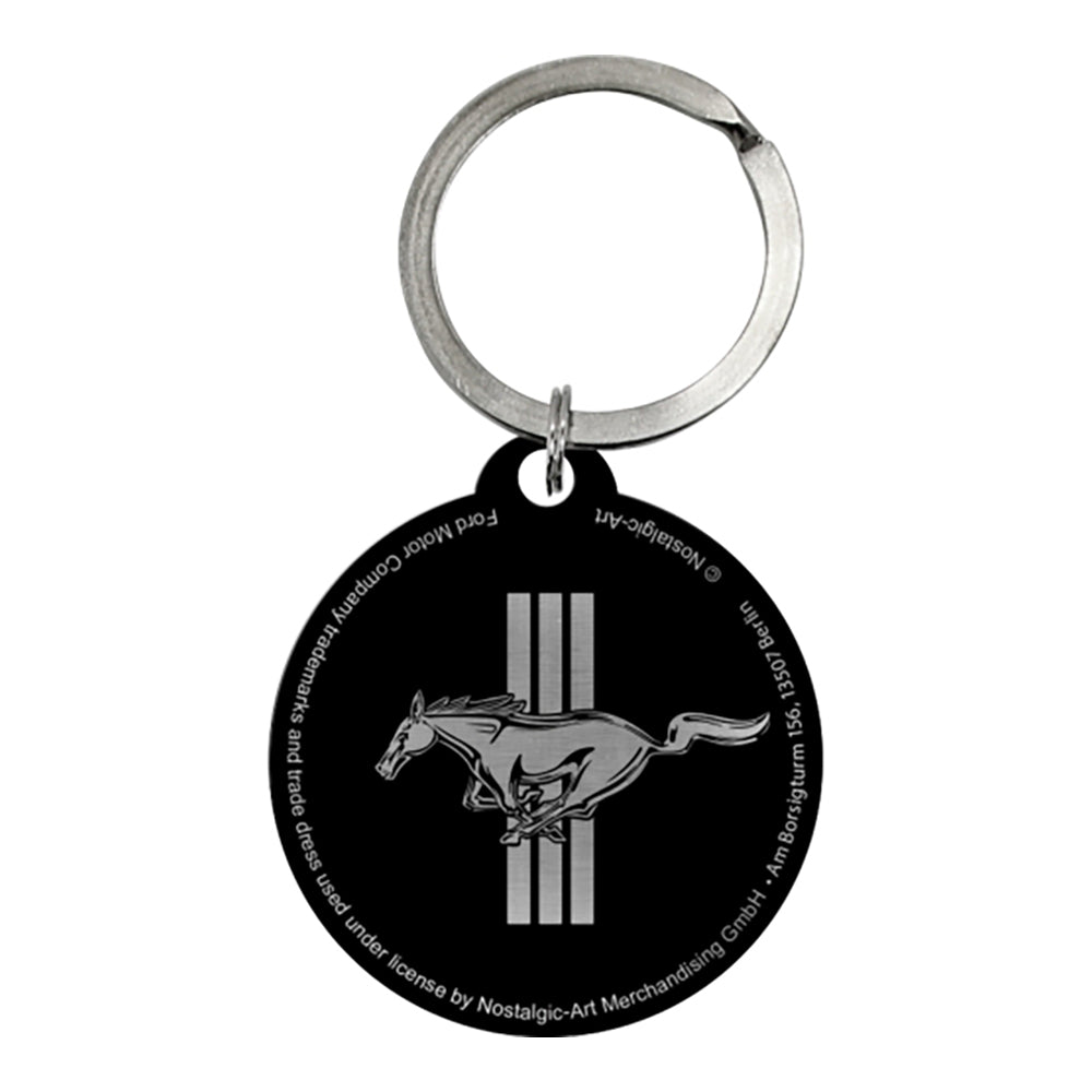 2PK Nostalgic Art Metal 7.5cm Round Keyring - Ford Mustang Horse and Stripes Logo