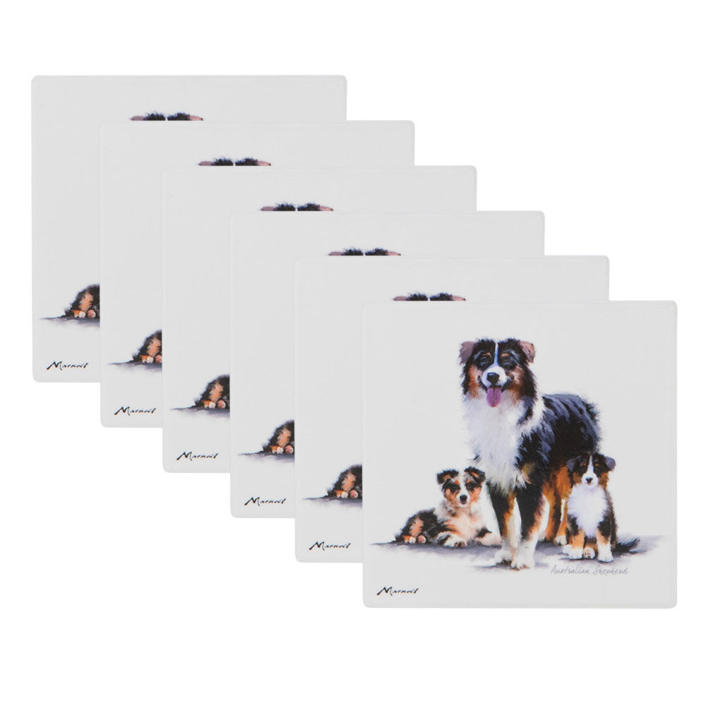 6PK Ashdene Puppy Love Australian Shepherd Ceramic Coaster Square 10x10cm
