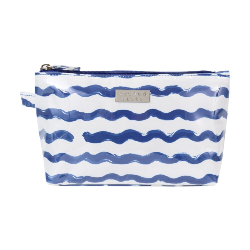 Wicked Sista Wavy Stripe Medium Luxe Cosmetic Waterproof Makeup Bag Blue