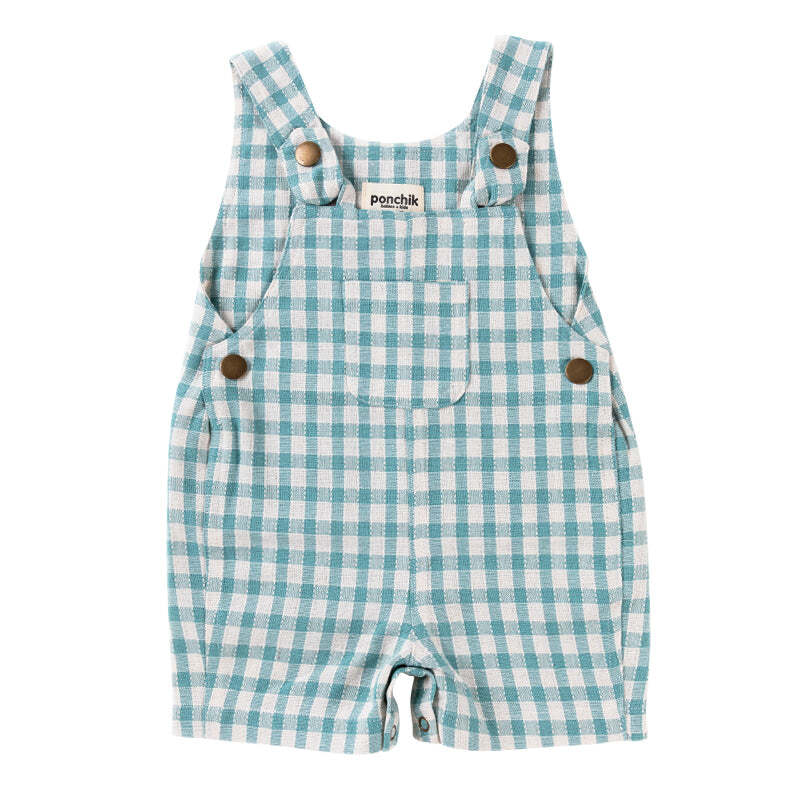 Ponchik Cotton Dungaree Overalls Peacock Gingham Size 2y